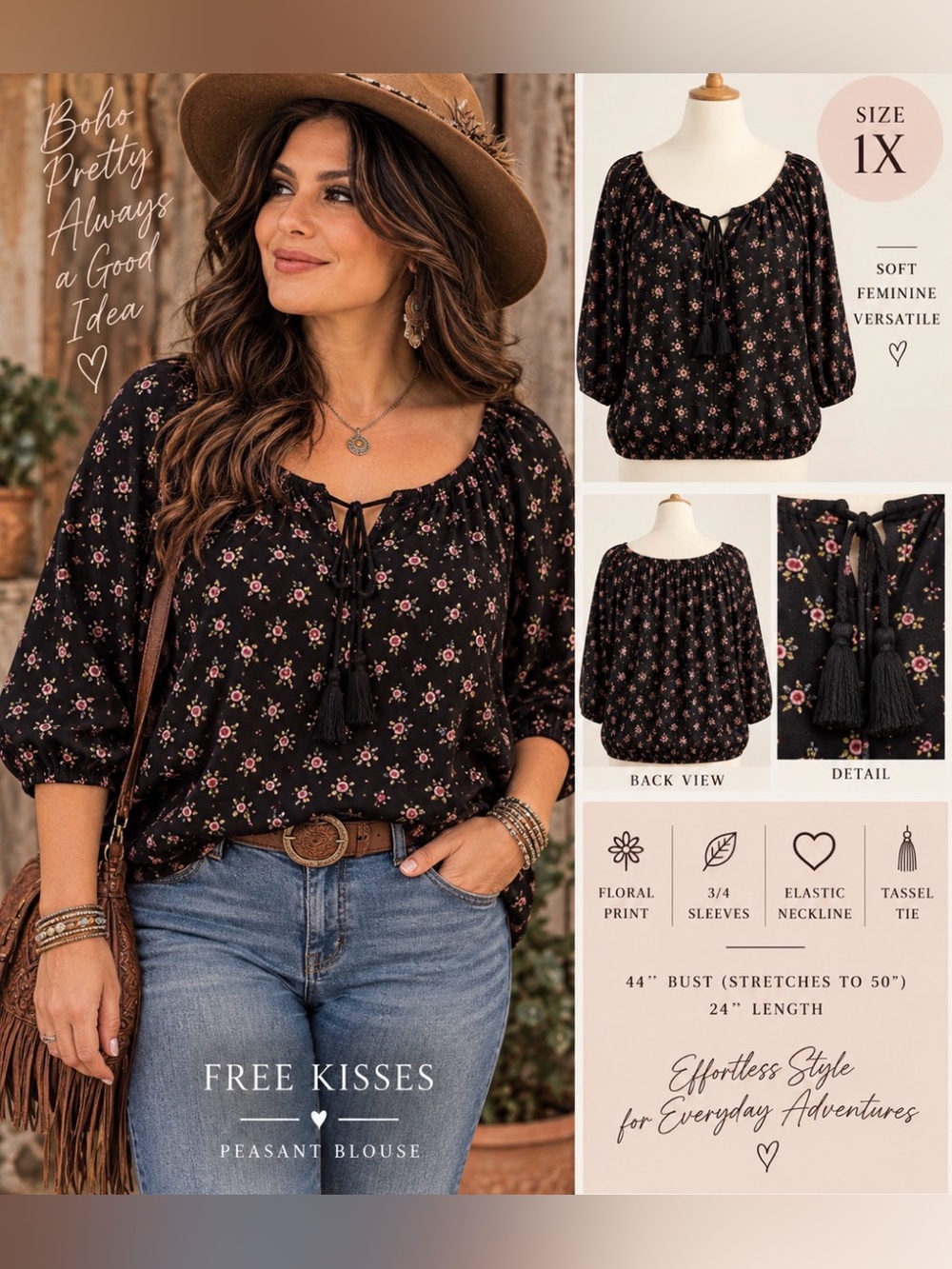Free Kisses -plus size- Floral Soft knit Peasant Blouse- Black & Pink & Green